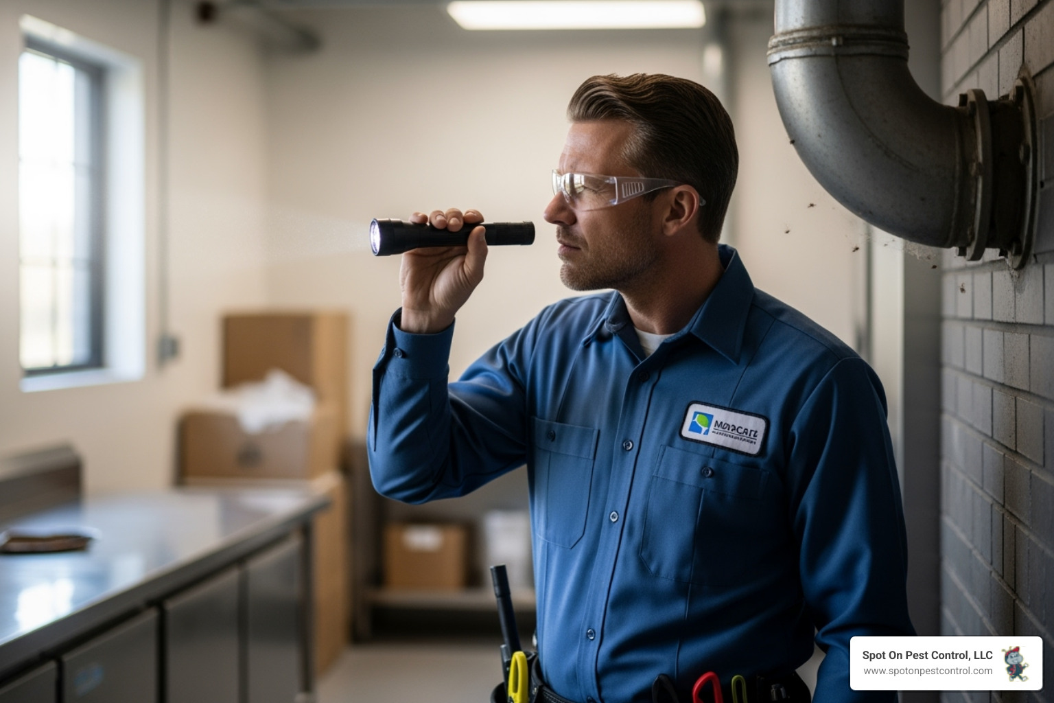 uniformed pest control professional conducting an inspection at a commercial facility - commercial spider control lufkin tx