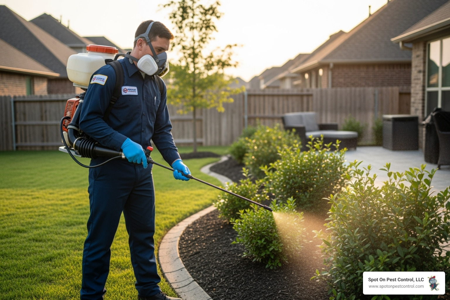 A professional pest control technician wearing protective gear is shown applying a mosquito barrier treatment around the perimeter of a residential backyard, focusing on shrubs and vegetation. - seasonal mosquito control hudson tx
