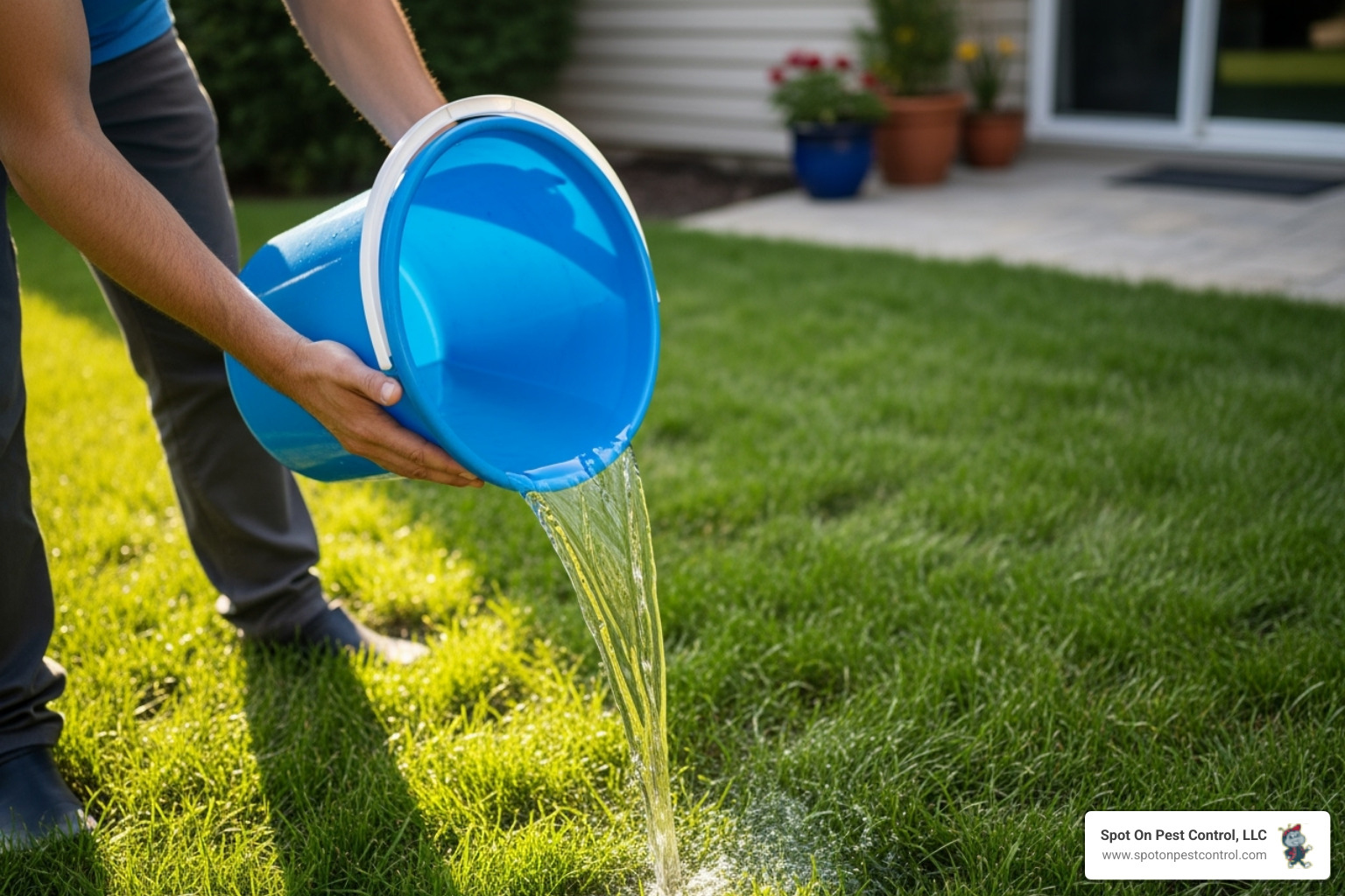A homeowner is shown emptying a bright blue plastic bucket full of water into a grassy area, demonstrating active source reduction to prevent mosquito breeding. - seasonal mosquito control hudson tx