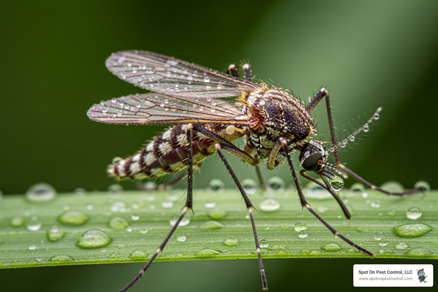 A close-up image of a mosquito resting on a blade of grass with visible water droplets, illustrating its natural habitat. - seasonal mosquito control hudson tx
