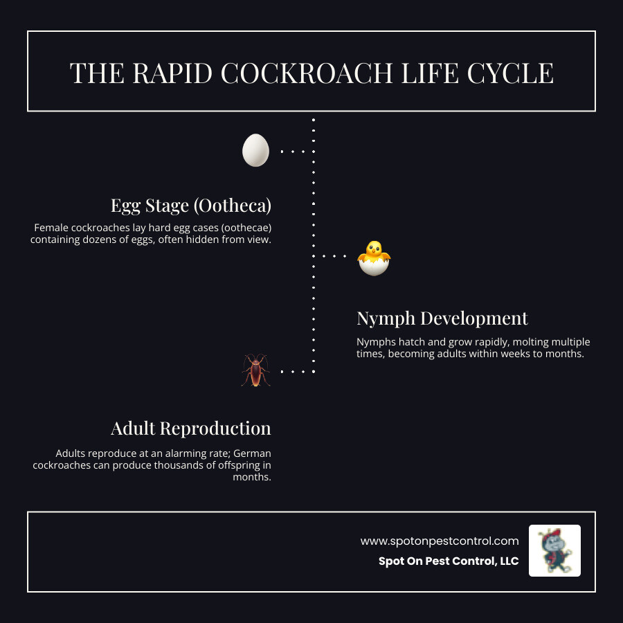 Infographic showing the cockroach life cycle from egg to nymph to adult, highlighting rapid reproduction rates and why professional intervention is critical for complete elimination - cockroach exterminator livingston tx infographic infographic-line-3-steps-dark Infographic showing the cockroach life cycle from egg to nymph to adult, highlighting rapid reproduction rates and why professional intervention is critical for complete elimination - cockroach exterminator livingston tx infographic infographic-line-3-steps-dark