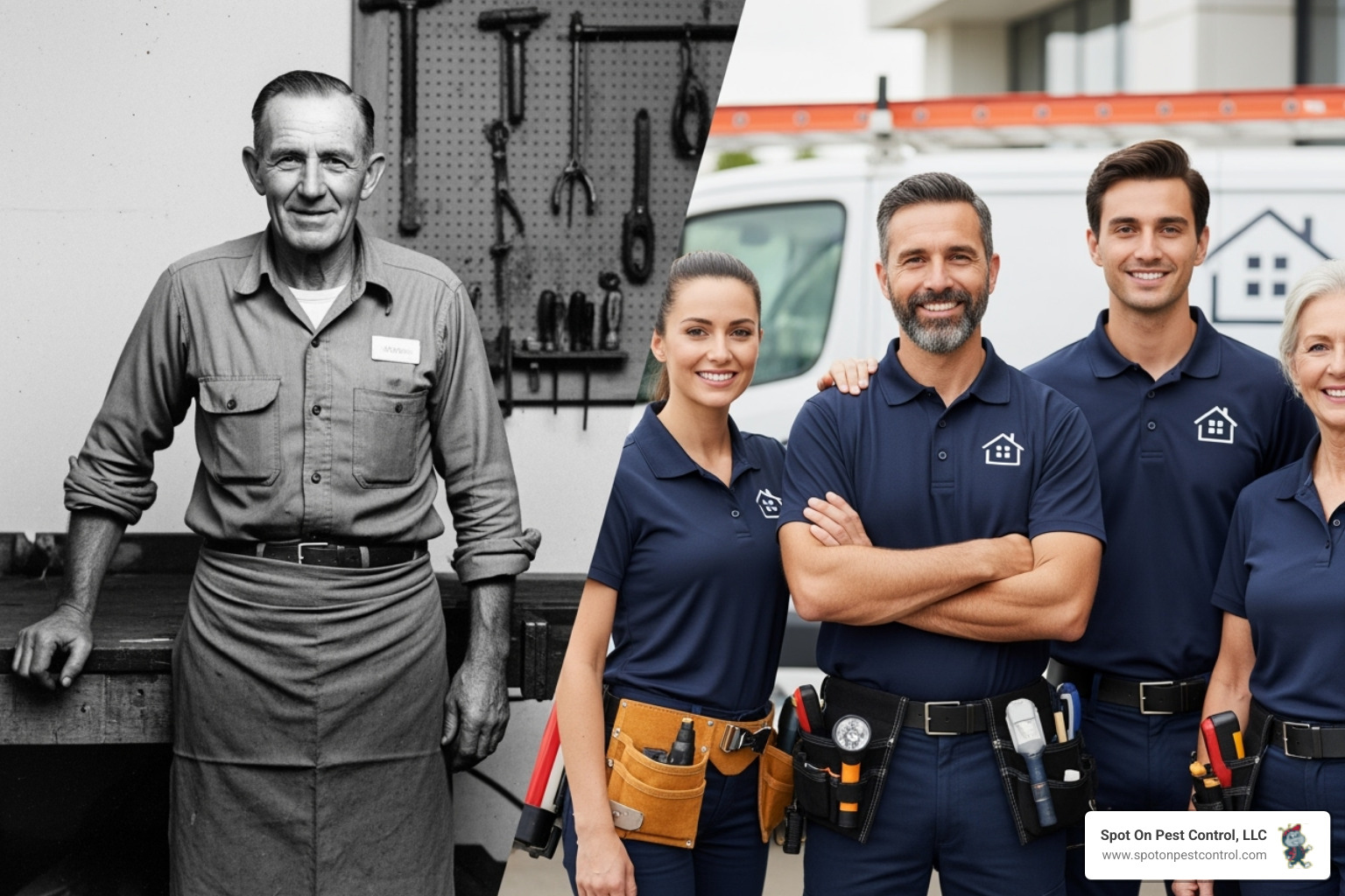 Vintage photo of the original Lonestar Pest and Termite founder next to a modern photo of the current Spot On Pest Control team - family exterminator business