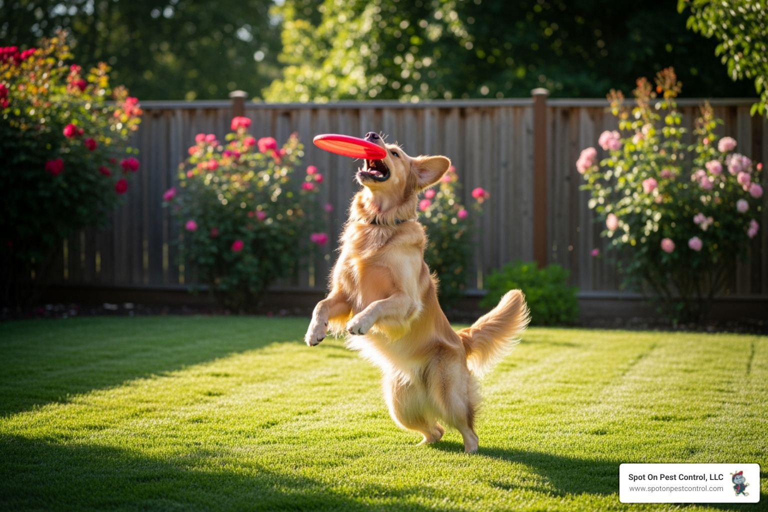 Pet playing safely in a yard after pest control treatment - family exterminator business