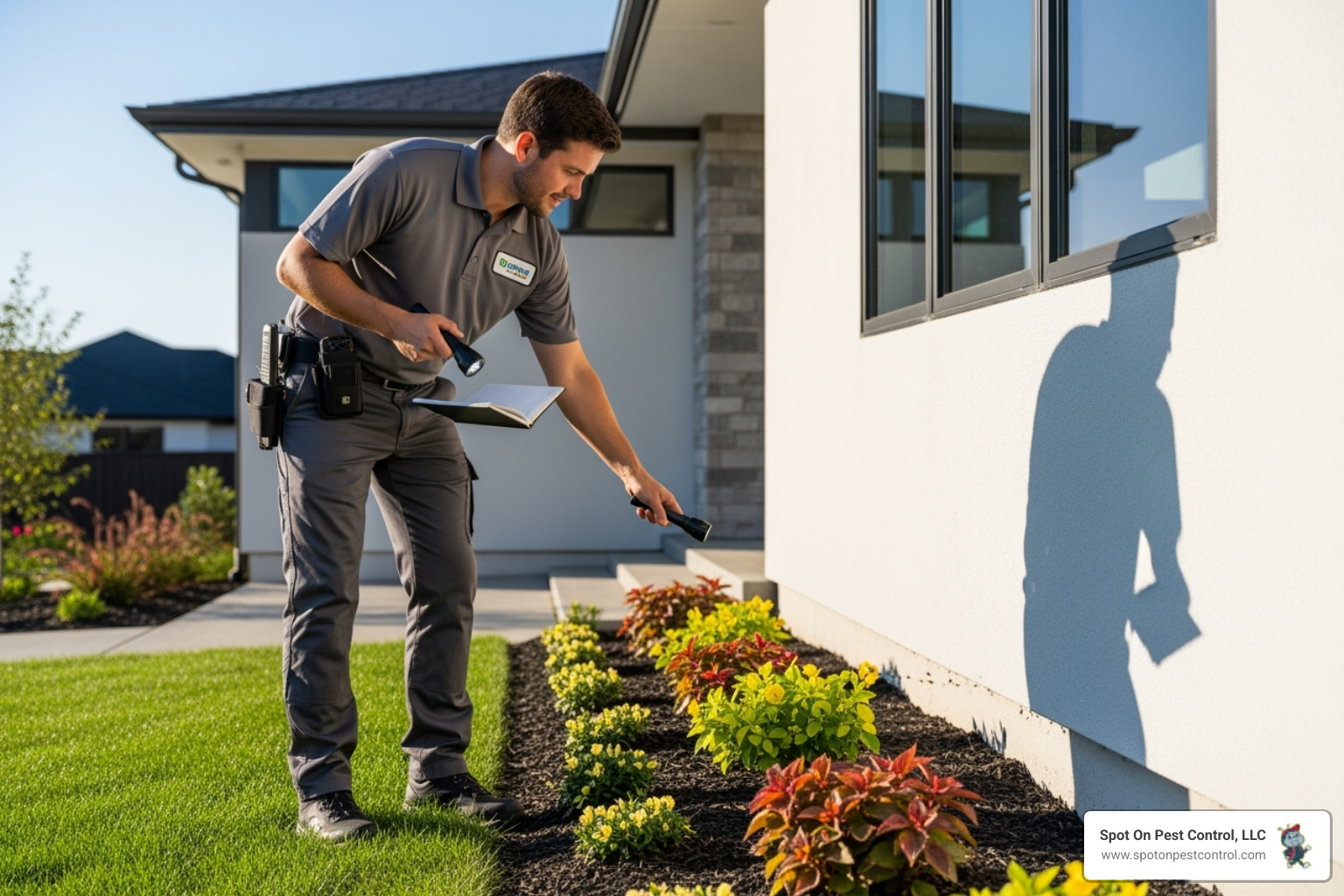 friendly, professional technician inspecting the exterior of a home - same day pest control hudson tx