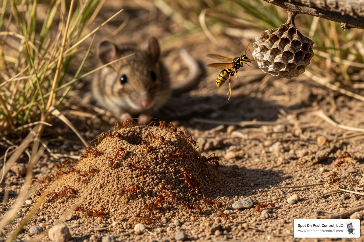 common texas pests like fire ants, wasps, and a rodent - same day pest control hudson tx