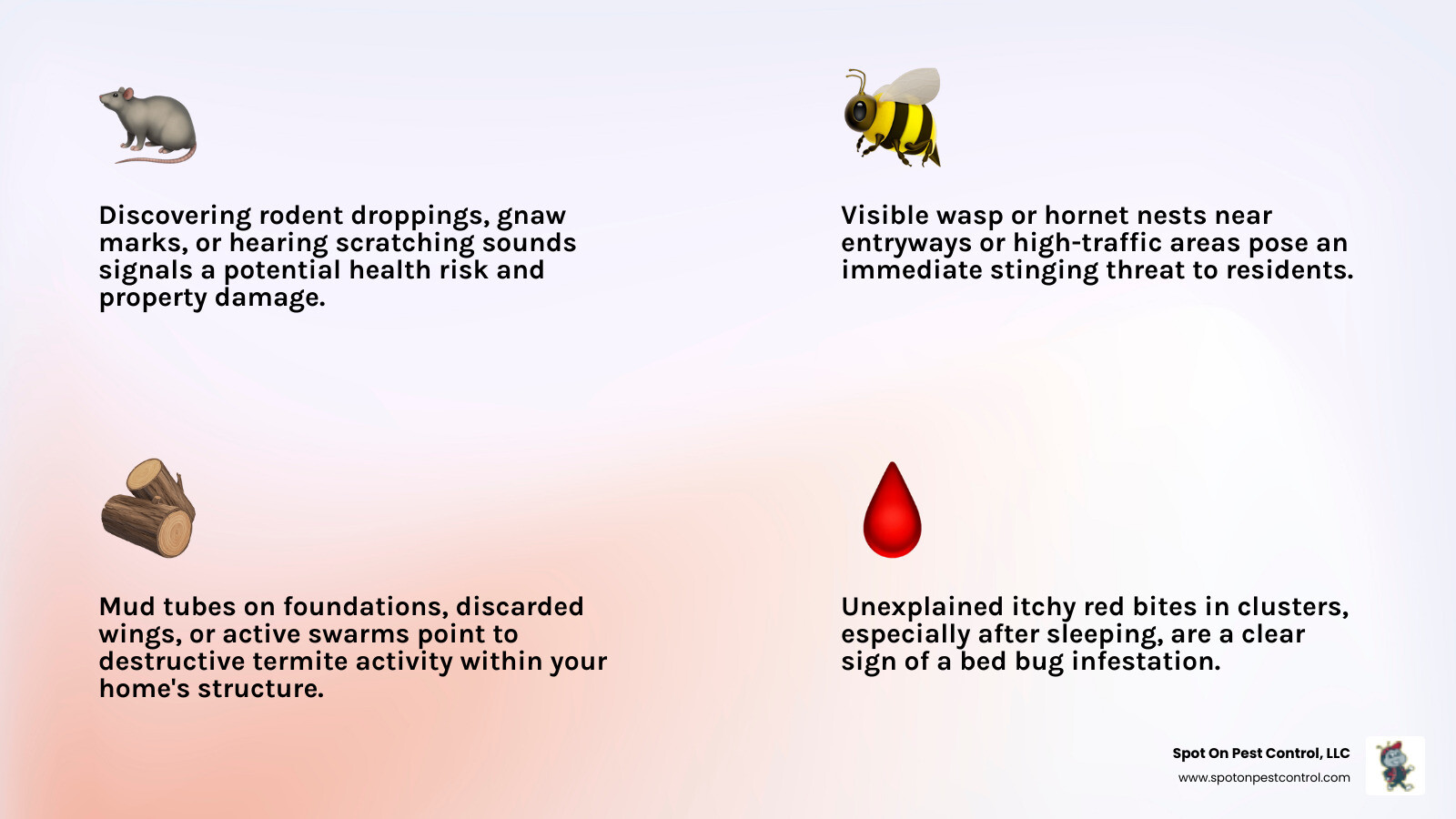 Infographic showing pest emergency warning signs including rodent droppings near baseboards, large wasp or hornet nests on exterior walls, visible termite mud tubes on foundations, bed bug bites appearing on skin, cockroaches in kitchens or food prep areas, and chewed electrical wiring - emergency exterminator livingston tx infographic 4_facts_emoji_light-gradient