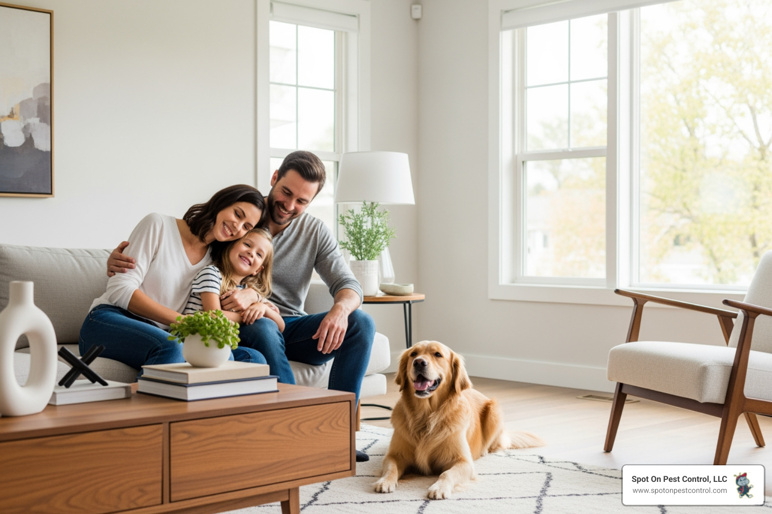 happy family with their dog in a pest-free living room - emergency exterminator livingston tx