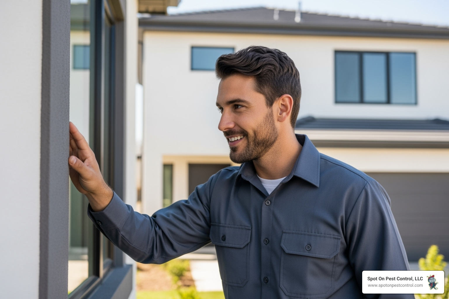 friendly, professional technician in uniform inspecting a home's exterior - green pest control lufkin tx
