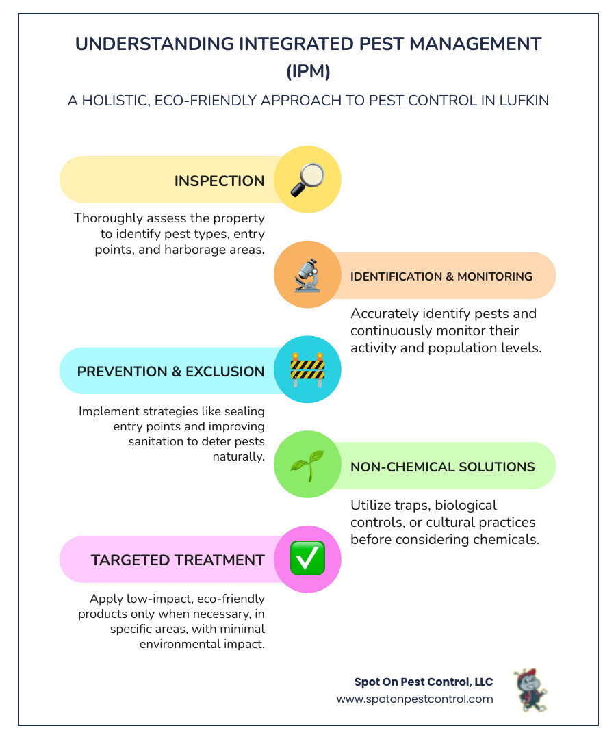 infographic showing the principles of Integrated Pest Management including inspection, identification, prevention, monitoring, and targeted treatment with minimal environmental impact - green pest control lufkin tx infographic infographic-line-5-steps-colors