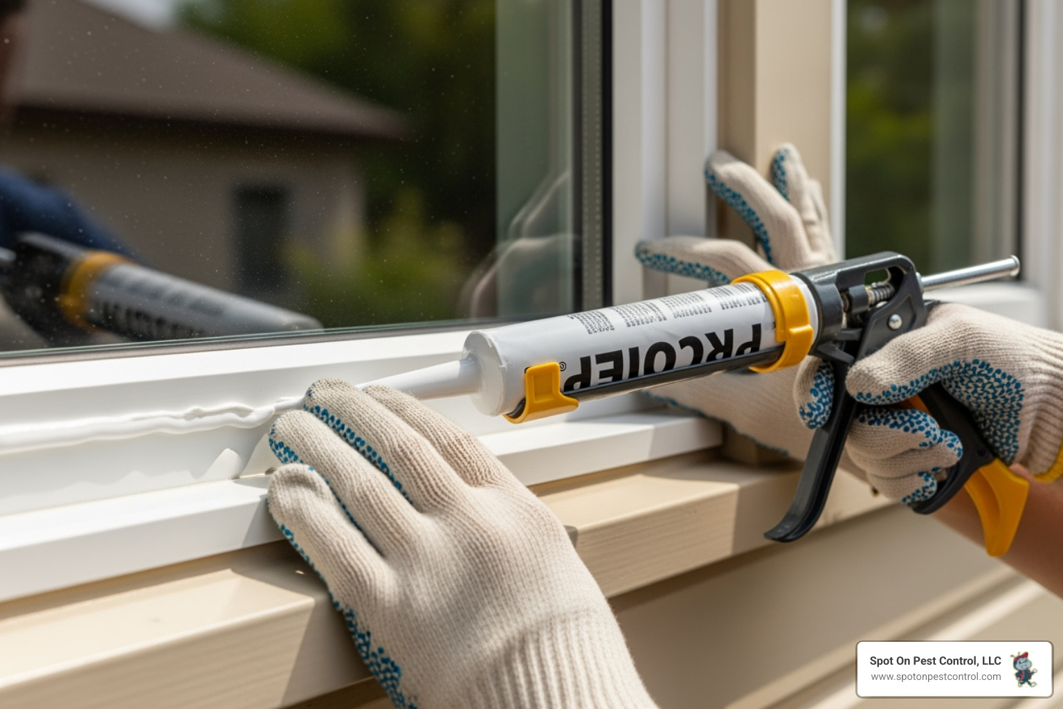 homeowner sealing a window gap - green pest control lufkin tx