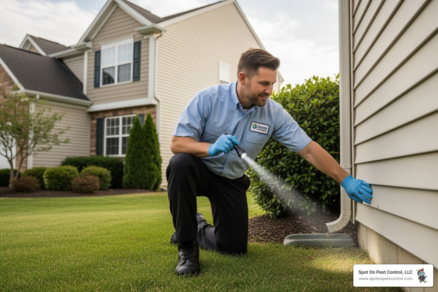 friendly professional Spot On Pest Control LLC technician inspecting a home's exterior - best pest control livingston tx