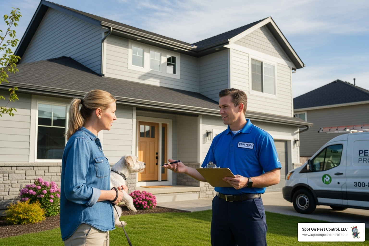 homeowner talking with a Spot On Pest Control LLC technician - best pest control livingston tx