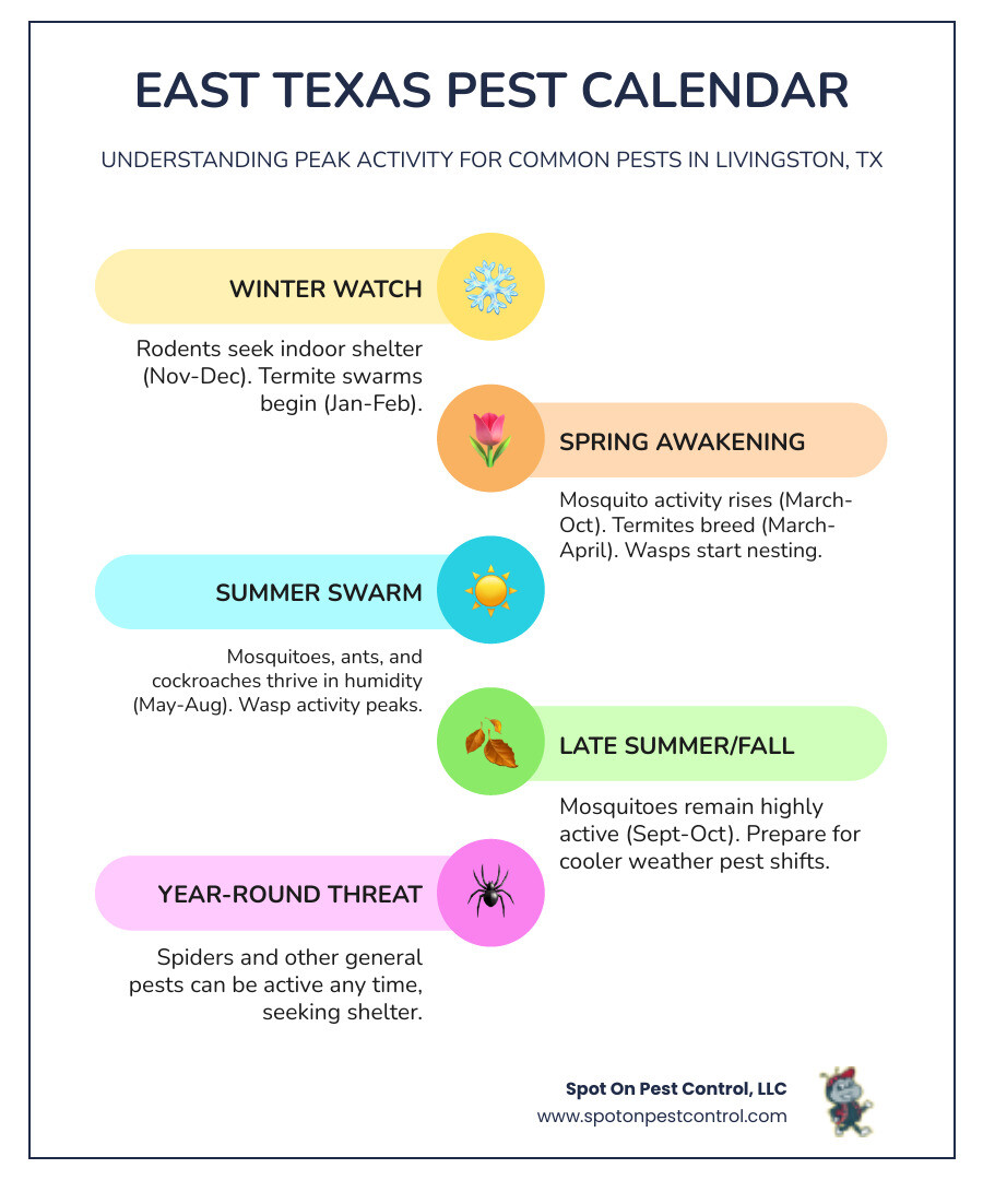 infographic showing common East Texas pests by season: mosquitoes peak March-October, termites swarm January-February and breed March-April, rodents seek shelter November-December, ants are active May-August, cockroaches thrive in humid summer months, wasps build nests spring through summer - best pest control livingston tx infographic infographic-line-5-steps-colors