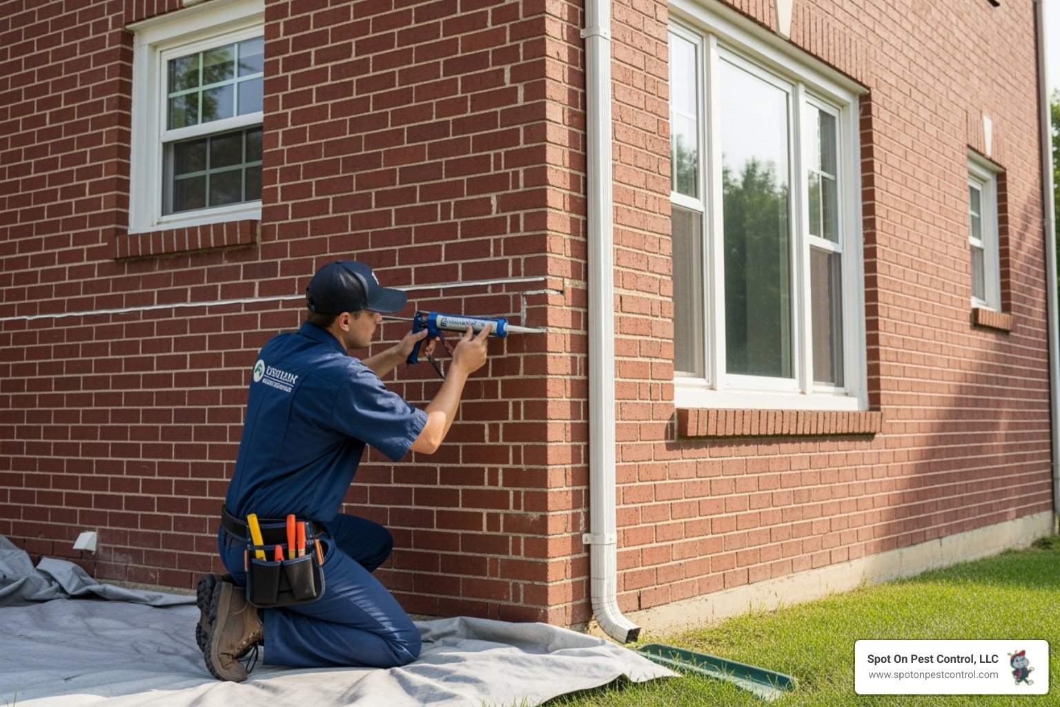 a pest control technician carefully sealing a small crack or potential pest entry point on the exterior wall of a house with caulk - annual pest control plan