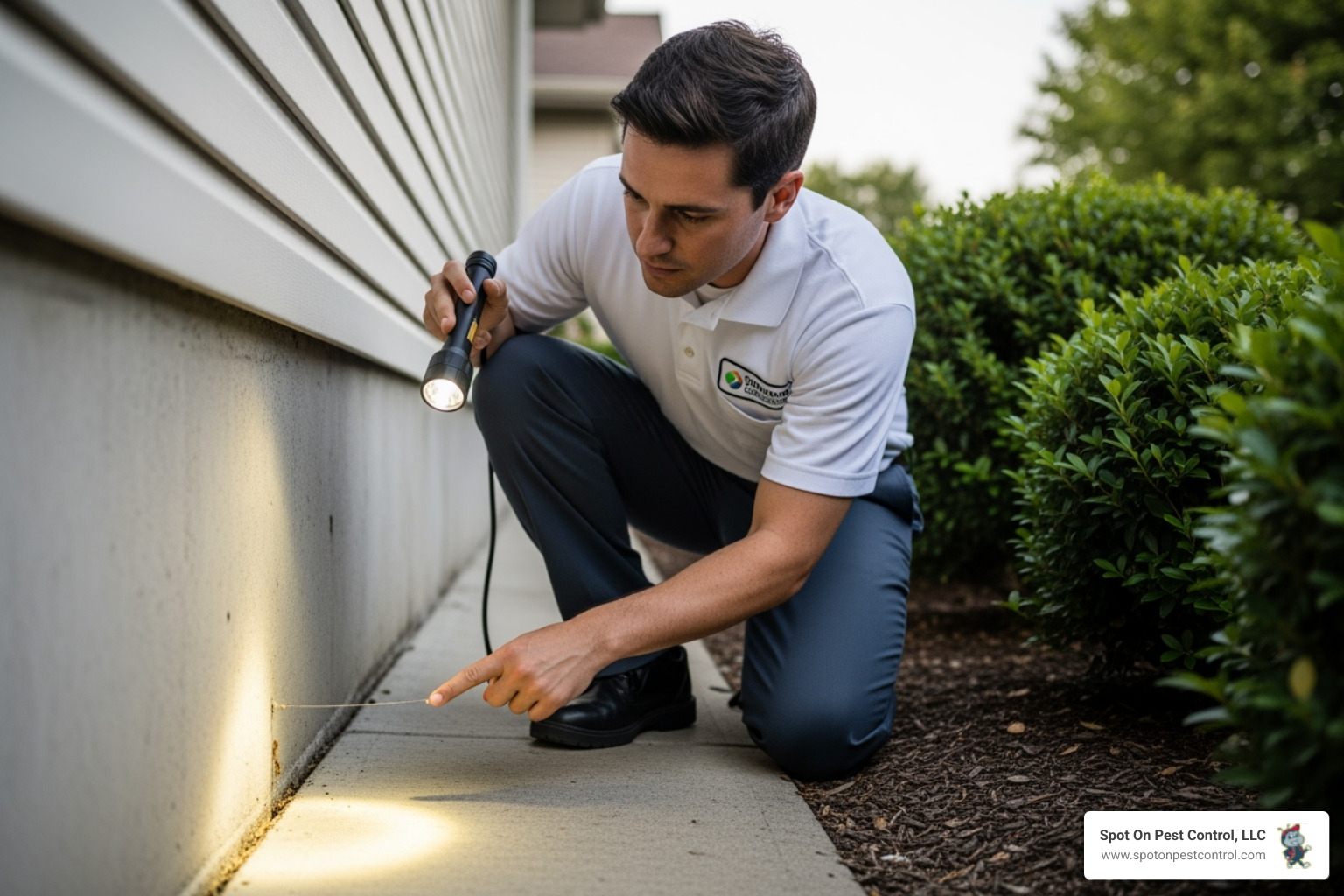 a pest control technician in a white uniform conducting a thorough termite inspection of a home's foundation with a flashlight - annual pest control plan
