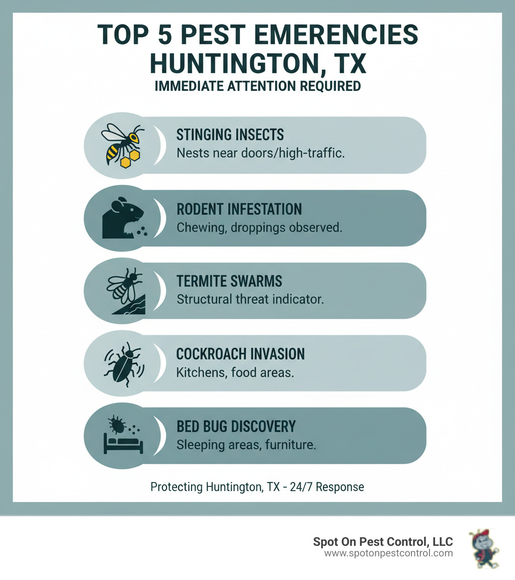 Infographic showing the top 5 pest emergencies requiring immediate attention in Huntington, TX: 1) Stinging insect nests near entry points or high-traffic areas, 2) Active rodent infestations with signs of chewing or droppings, 3) Termite swarms indicating structural threats, 4) Large cockroach invasions in kitchens or food areas, 5) Bed bug discoveries in sleeping areas or furniture - 24 hour pest control huntington tx infographic 
