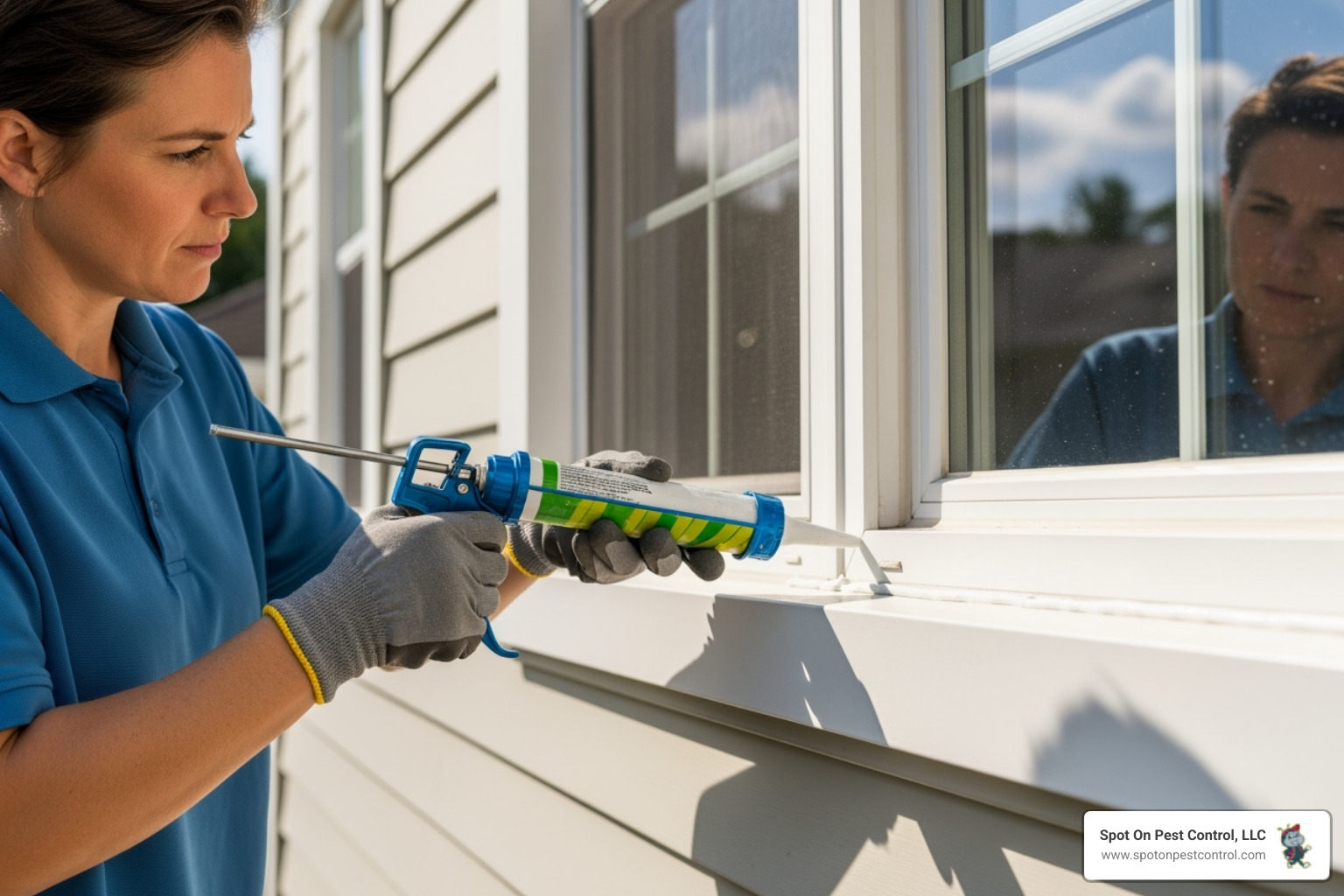 A homeowner sealing a crack under a window, demonstrating proactive pest prevention - 24 hour pest control huntington tx