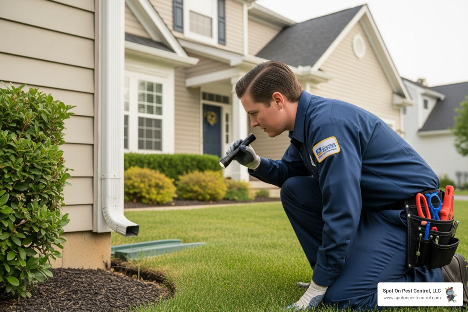 professional pest control technician inspecting a home's exterior - emergency pest control lufkin tx