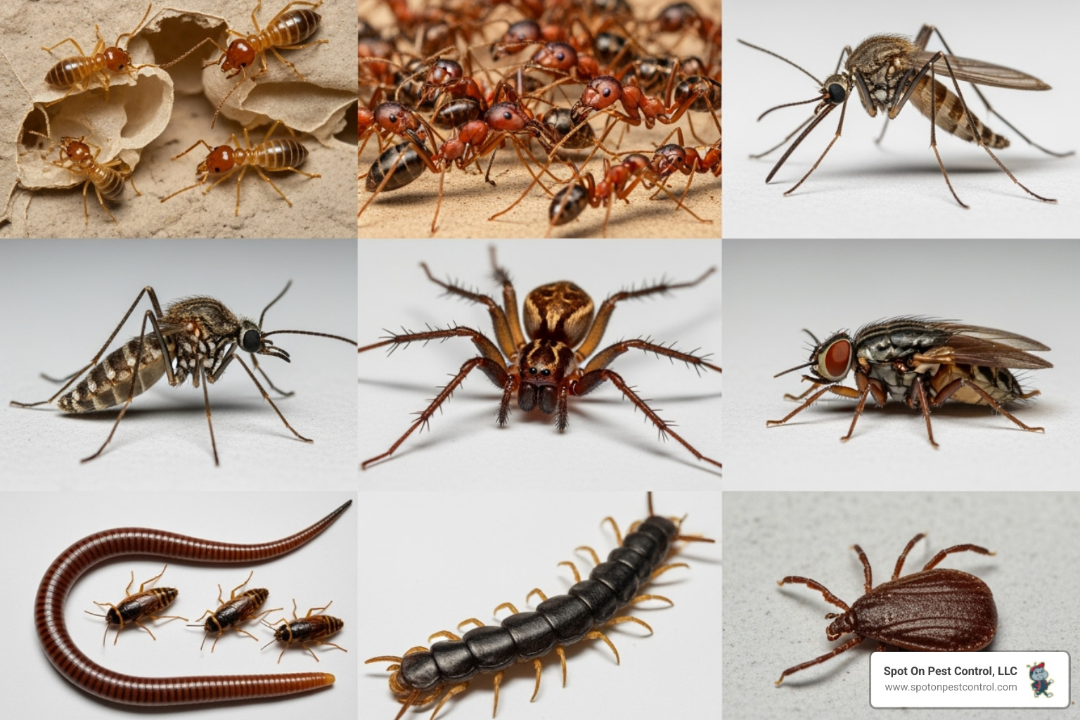 collage of common Texas pests like termites, fire ants, and mosquitoes - pest control corrigan tx