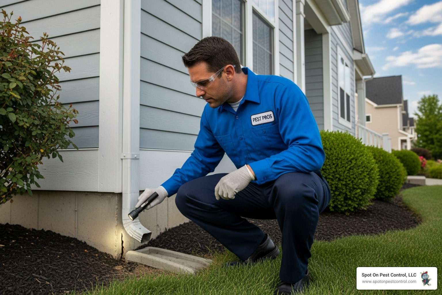 professional technician inspecting the exterior of a home - pest control corrigan tx