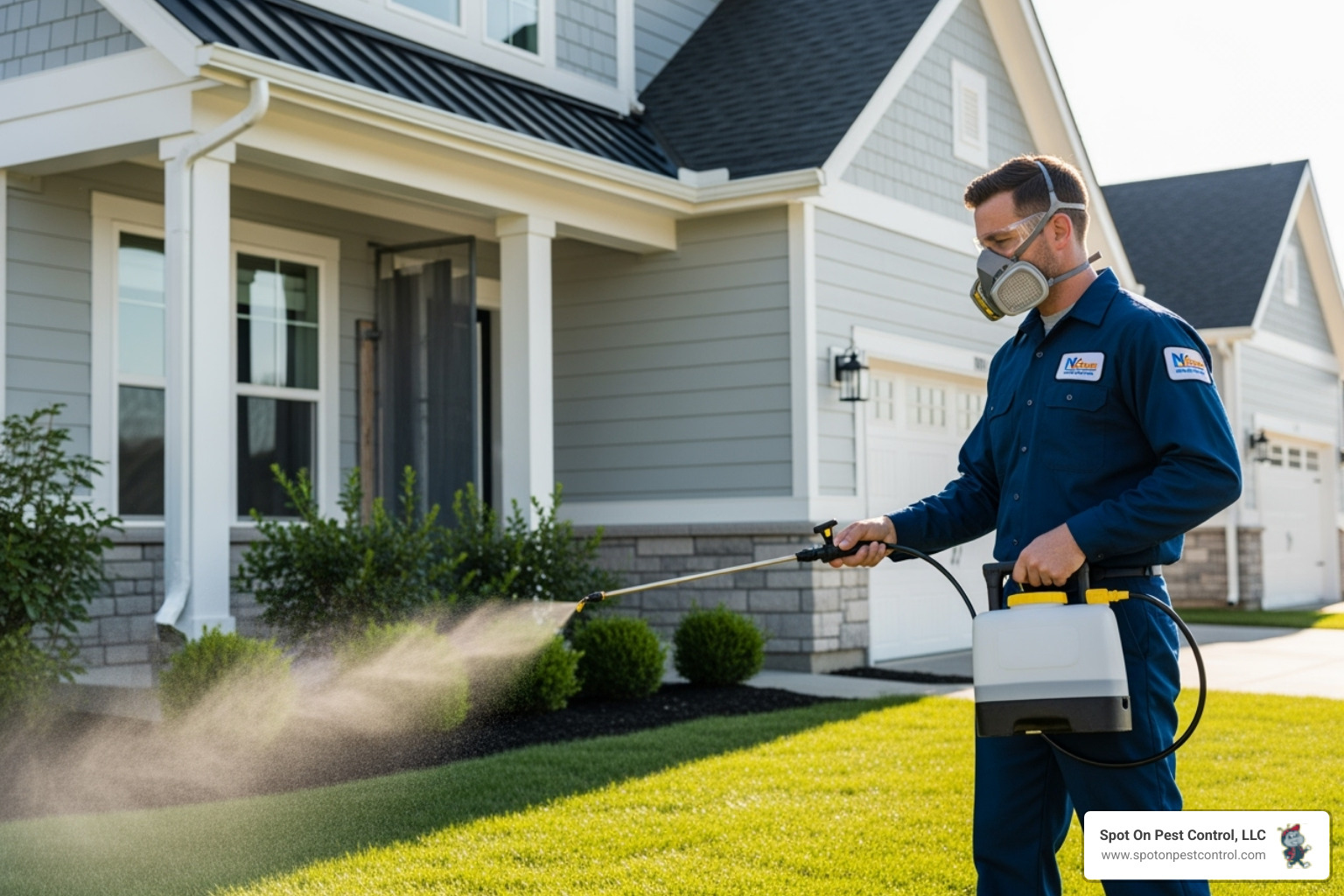 Spot On Pest Control technician safely treating the exterior of a home - best pest control zavalla tx