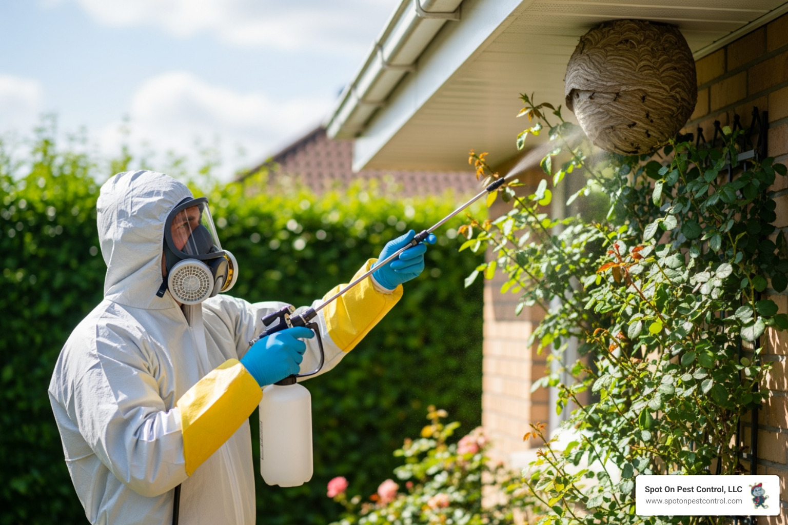 pest control professional in protective gear treating a wasp nest - wasp nest removal lufkin tx