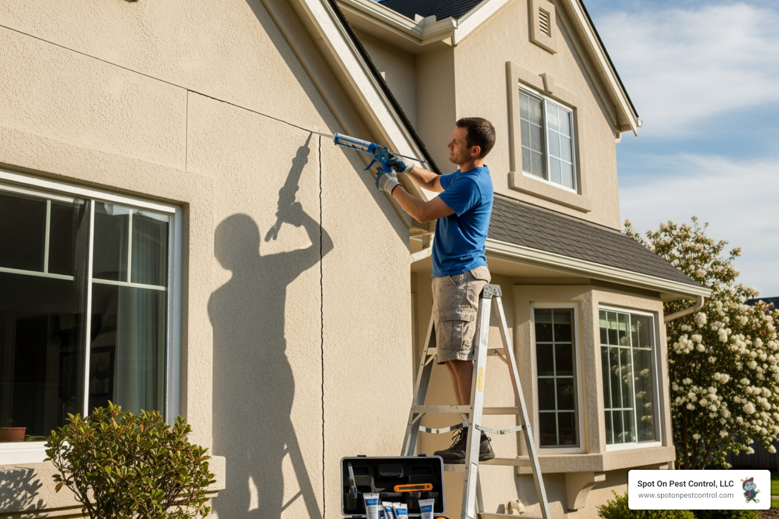 homeowner sealing a crack on their home's exterior - wasp nest removal lufkin tx