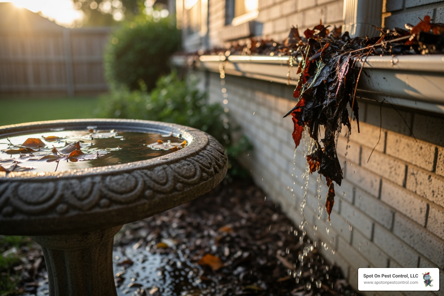 Common backyard mosquito breeding sites like a birdbath and clogged gutter - mosquito control corrigan tx