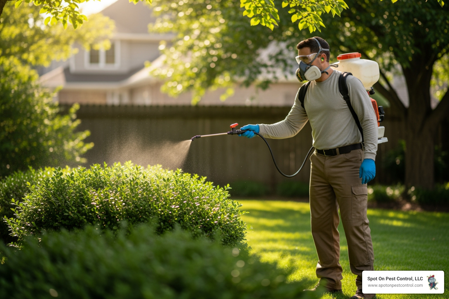 Technician applying a barrier spray to shrubs - mosquito control corrigan tx