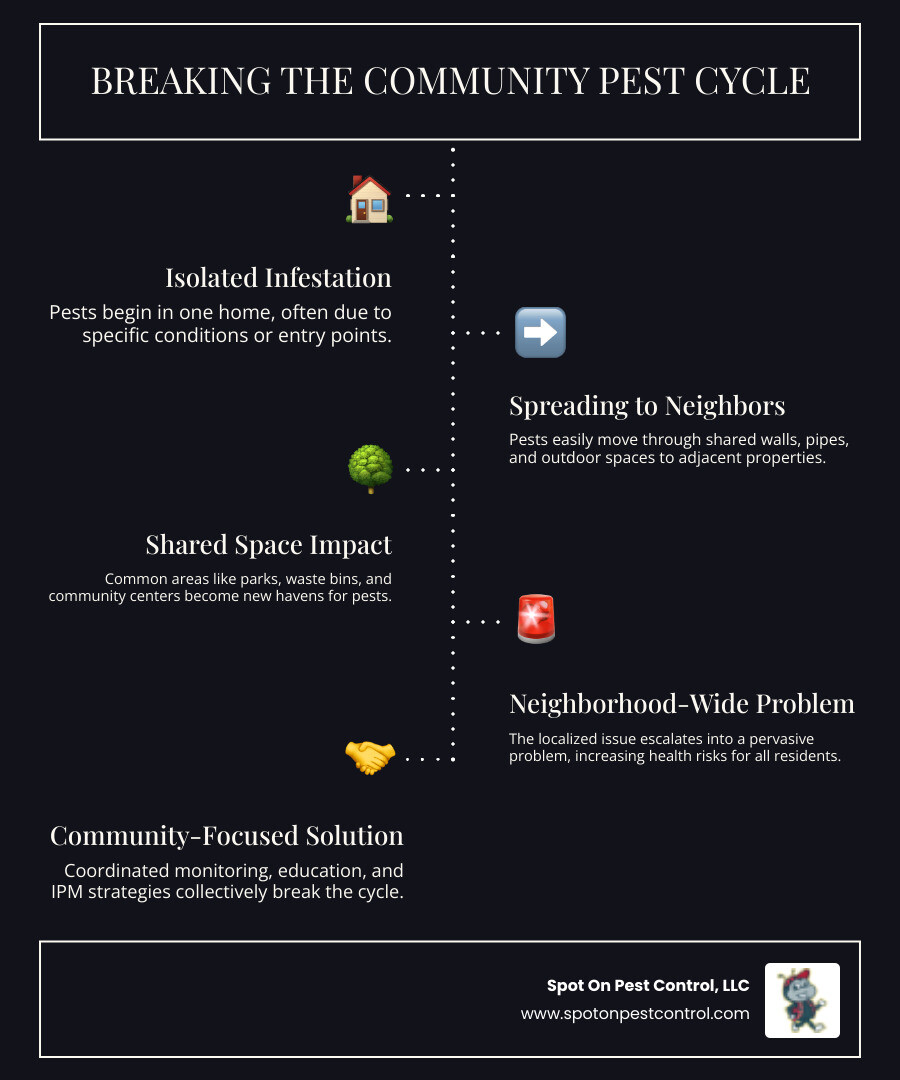 Infographic showing the cycle of community pest problems: starting with a pest infestation in one home, spreading through shared walls and outdoor spaces to neighboring properties, impacting common areas like parks and playgrounds, and how community-focused pest control breaks this cycle through coordinated monitoring, education, preventative measures, and collective action across all properties - community-focused pest control infographic infographic-line-5-steps-dark Infographic showing the cycle of community pest problems: starting with a pest infestation in one home, spreading through shared walls and outdoor spaces to neighboring properties, impacting common areas like parks and playgrounds, and how community-focused pest control breaks this cycle through coordinated monitoring, education, preventative measures, and collective action across all properties - community-focused pest control infographic infographic-line-5-steps-dark