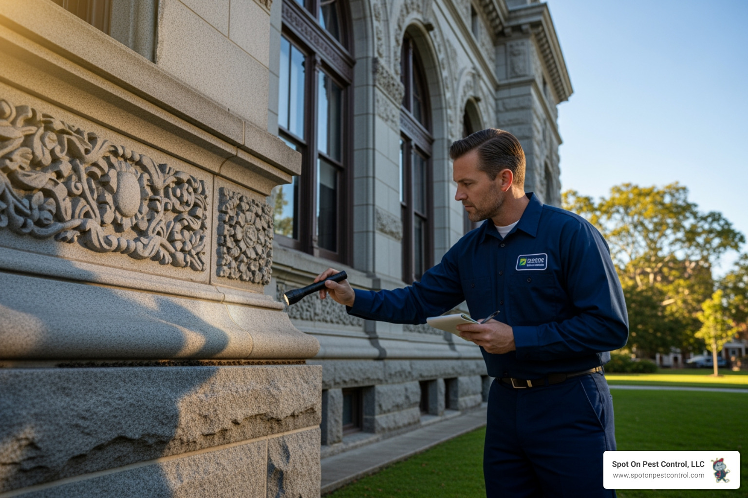 pest control professional inspecting municipal building - community-focused pest control pest control professional inspecting municipal building - community-focused pest control