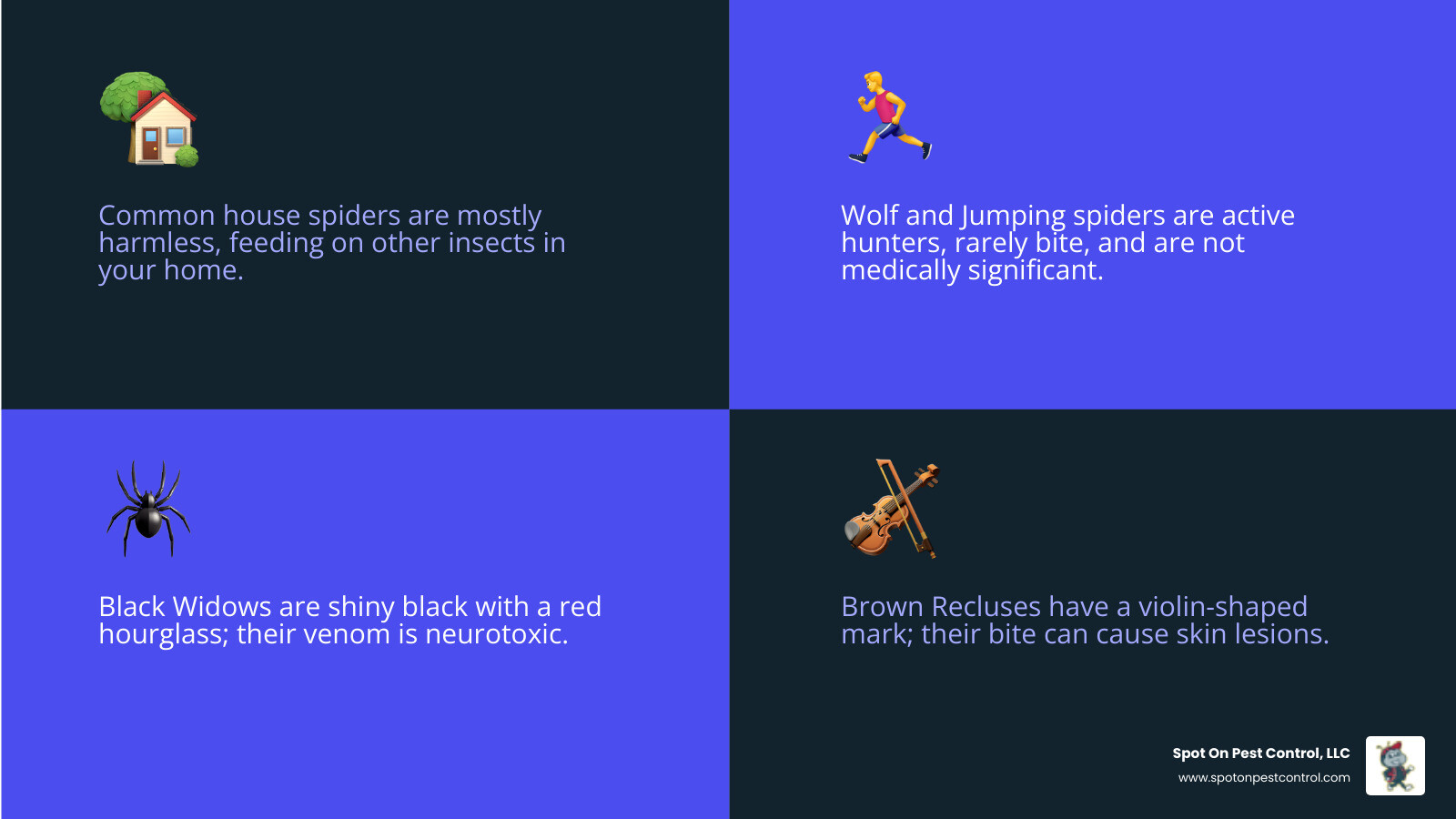 infographic showing side-by-side comparison of common harmless spiders versus venomous Black Widow and Brown Recluse spiders with identifying features labeled - residential spider control lufkin tx infographic 4_facts_emoji_blue infographic showing side-by-side comparison of common harmless spiders versus venomous Black Widow and Brown Recluse spiders with identifying features labeled - residential spider control lufkin tx infographic 4_facts_emoji_blue
