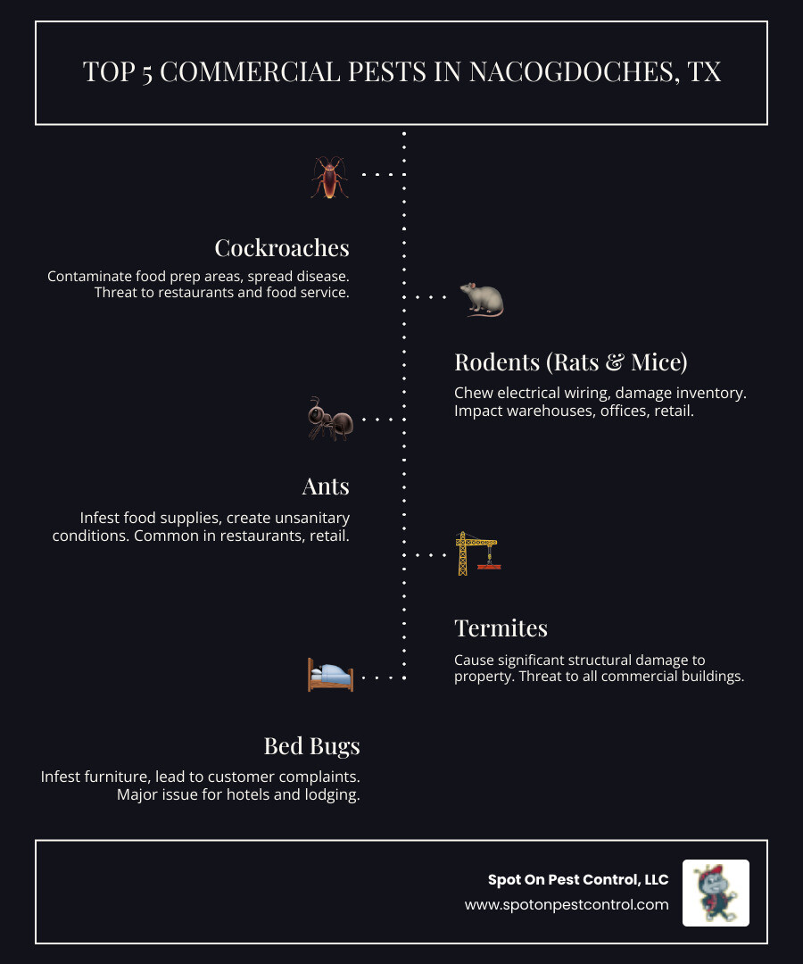 infographic showing the top 5 commercial pests in Nacogdoches Texas including cockroaches, rodents, ants, termites, and bed bugs with icons representing affected industries like restaurants, offices, warehouses, hotels, and retail stores - commercial pest control nacogdoches tx infographic infographic-line-5-steps-dark infographic showing the top 5 commercial pests in Nacogdoches Texas including cockroaches, rodents, ants, termites, and bed bugs with icons representing affected industries like restaurants, offices, warehouses, hotels, and retail stores - commercial pest control nacogdoches tx infographic infographic-line-5-steps-dark