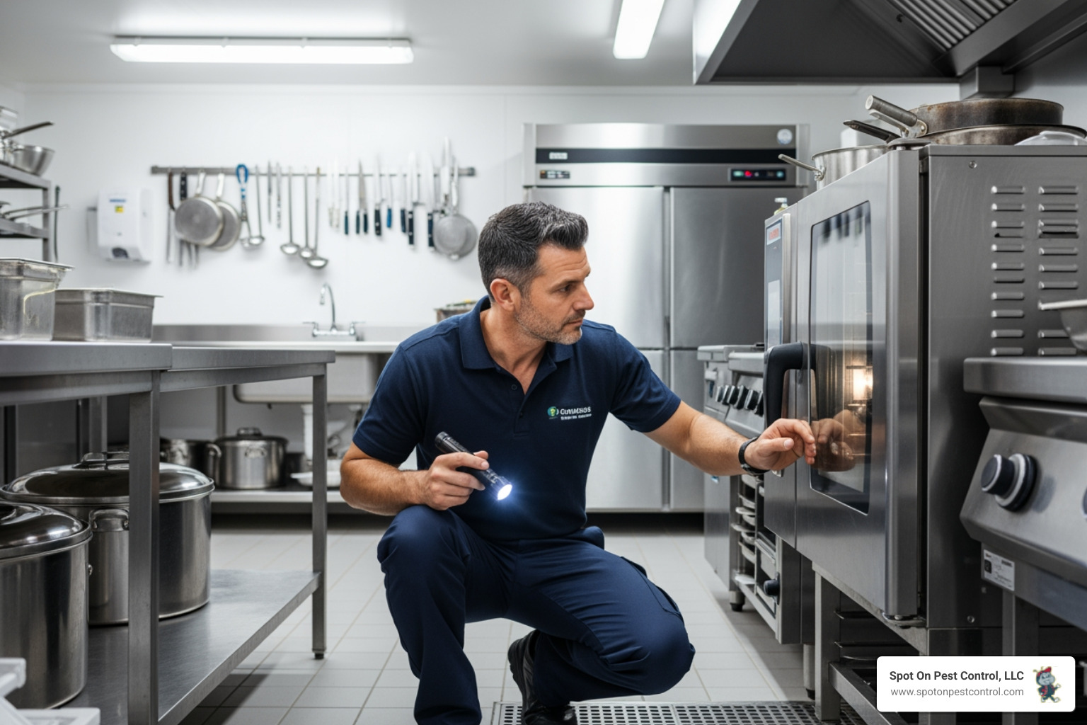 A pest control technician inspecting a commercial kitchen - commercial pest control nacogdoches tx A pest control technician inspecting a commercial kitchen - commercial pest control nacogdoches tx