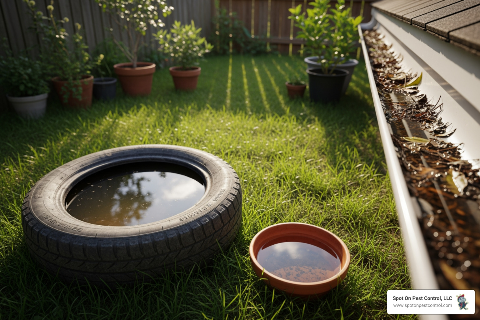 Common mosquito breeding spots in a backyard, including old tires, flowerpot saucers, and clogged gutters - monthly mosquito service zavalla tx
