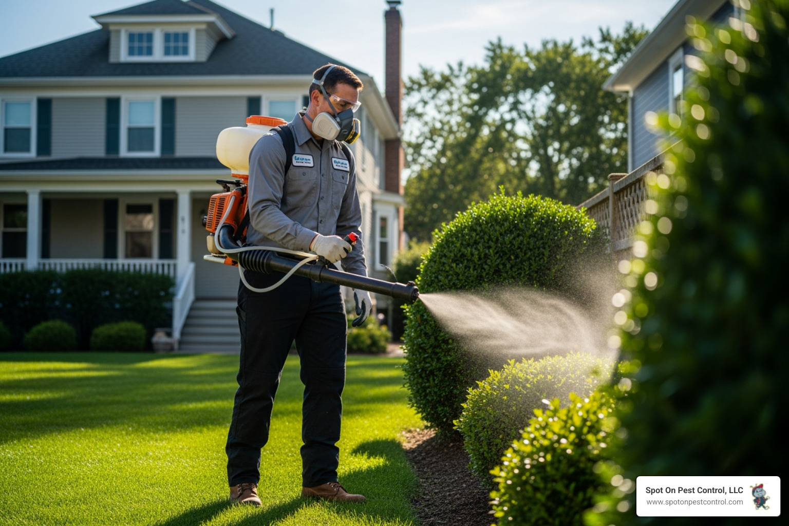 Technician applying a barrier spray to the dense foliage and perimeter of a residential backyard - monthly mosquito service zavalla tx