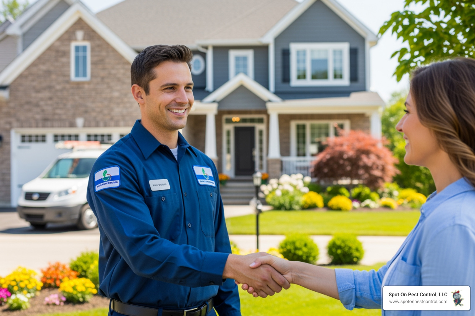 homeowner shaking hands with a Spot On Pest Control, LLC technician - trusted local exterminator homeowner shaking hands with a Spot On Pest Control, LLC technician - trusted local exterminator