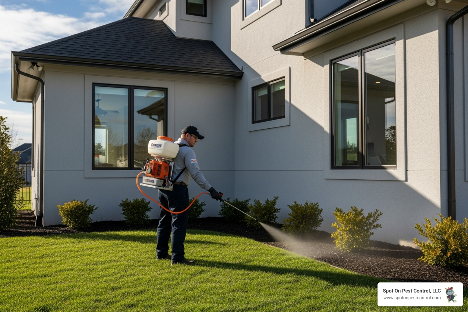 technician applying a protective barrier treatment around a home's exterior - best pest control hudson tx