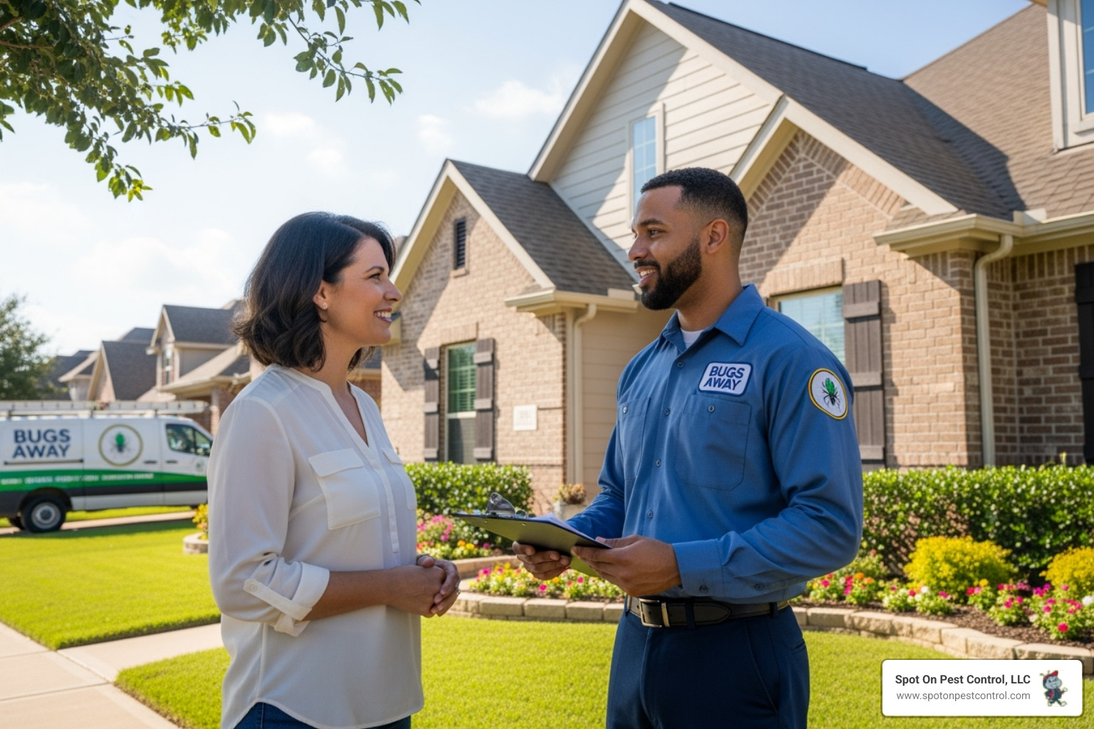 friendly, professional technician speaking with a homeowner - best pest control hudson tx