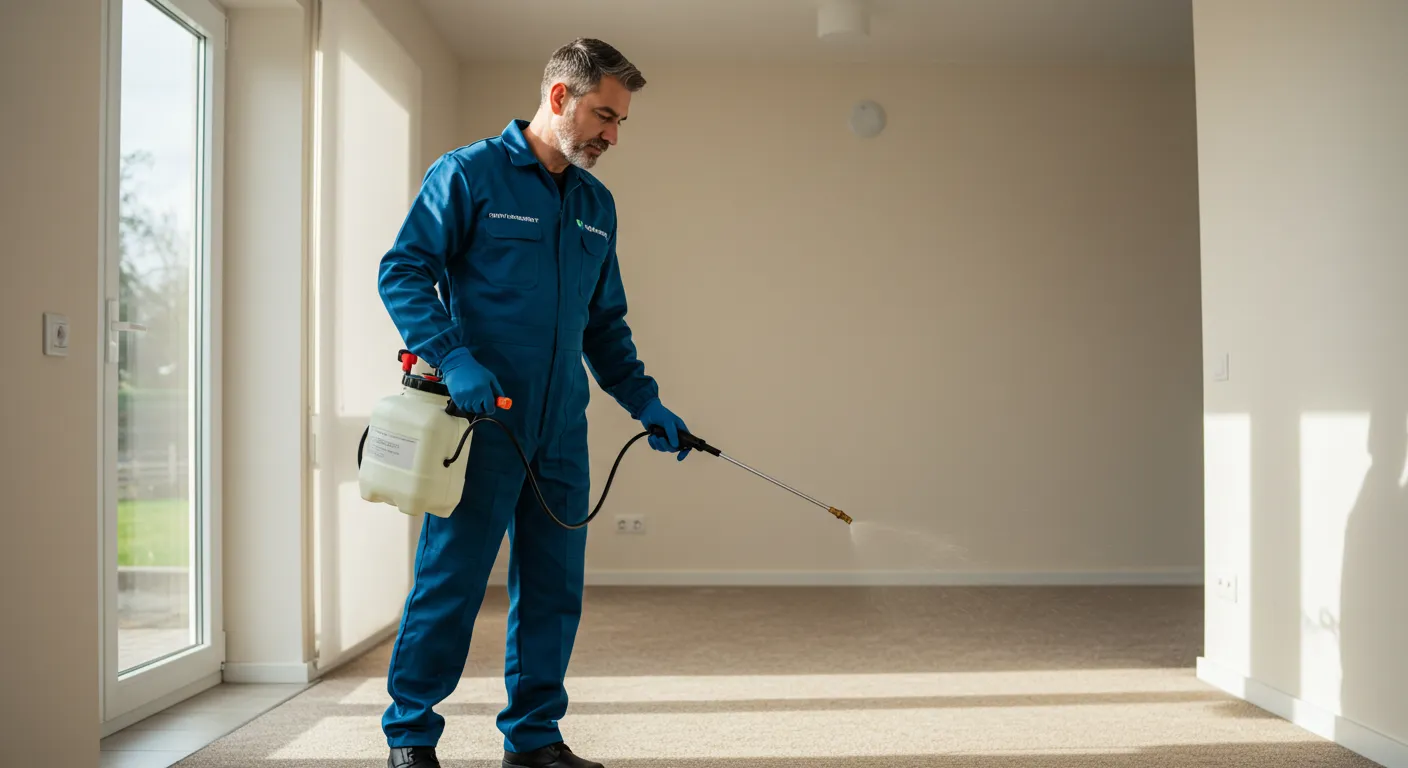 A pest control professional in a blue uniform and gloves uses a sprayer to treat the carpeted floor in a large, empty room.