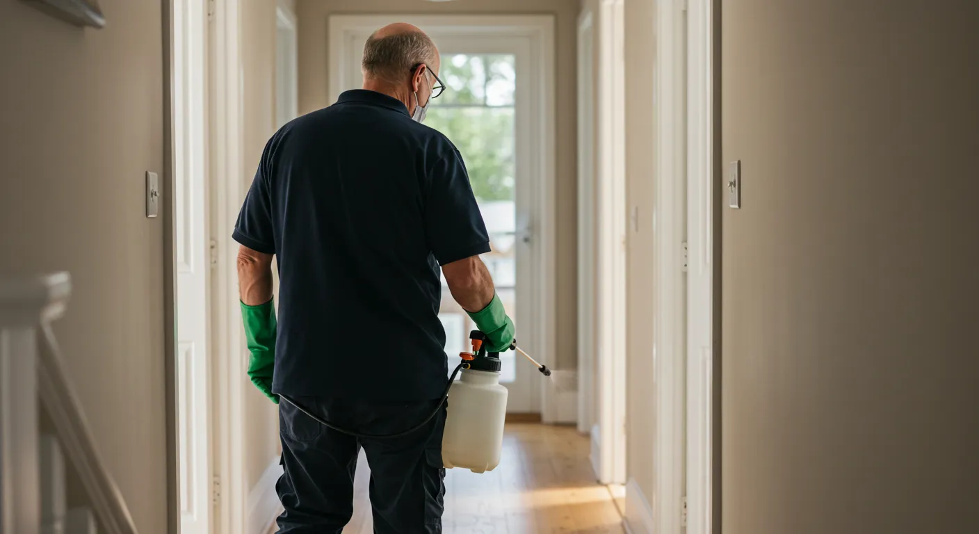 A male pest control professional wearing a blue shirt and green gloves walks down a hallway, holding a white sprayer.