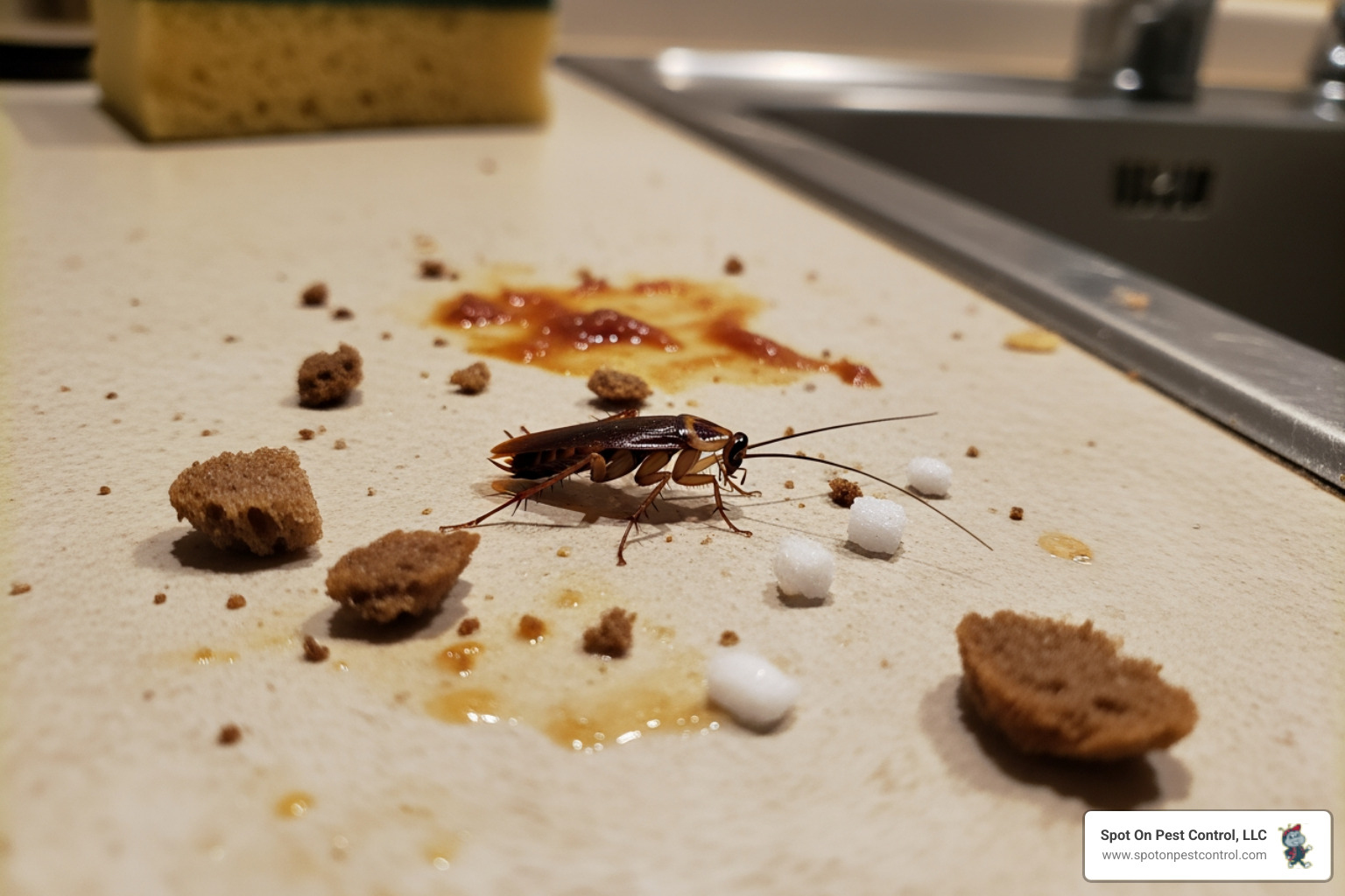 A cockroach crawling across a dirty kitchen countertop near crumbs, highlighting unsanitary conditions - cockroach infestation treatment lufkin tx