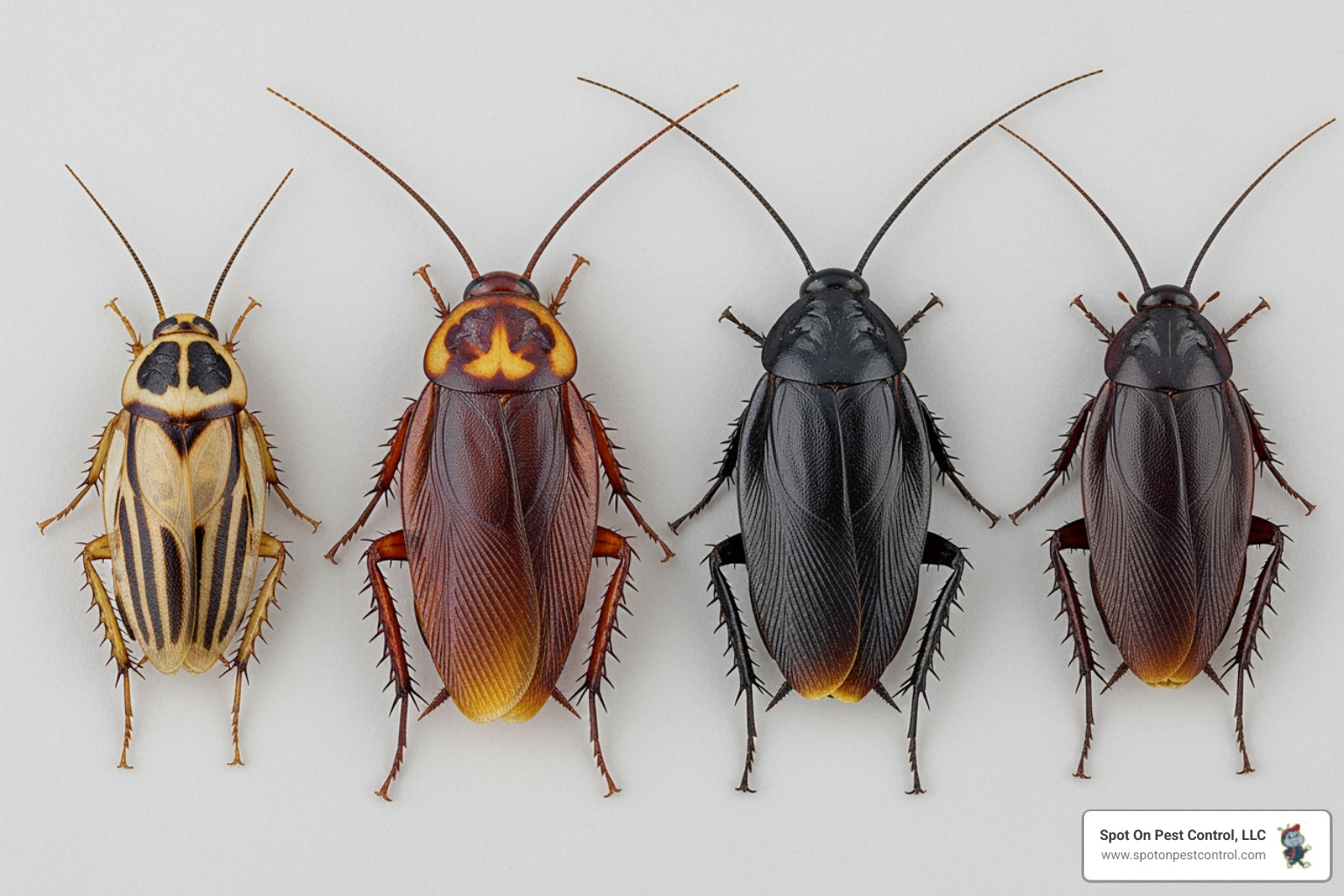 Four different types of cockroaches side by side for comparison: German, American, Oriental, and Smokybrown - cockroach infestation treatment lufkin tx