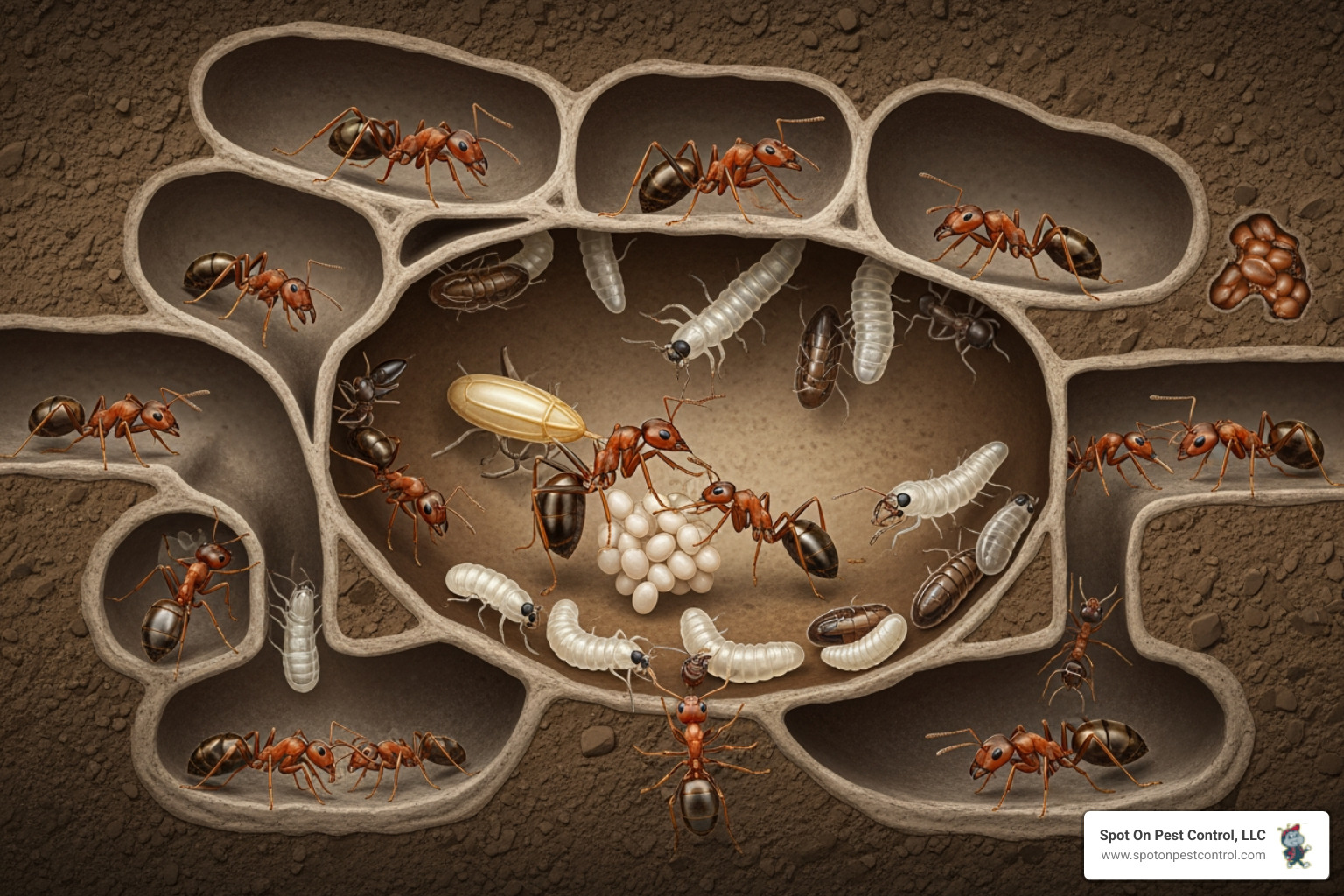 Infographic showing the ant colony life cycle: queen ant laying eggs in the colony center, eggs developing into larvae, larvae transforming into pupae, and pupae emerging as worker ants that forage for food and expand the colony—illustrating why surface treatments fail without targeting the queen - ant exterminator in burke tx