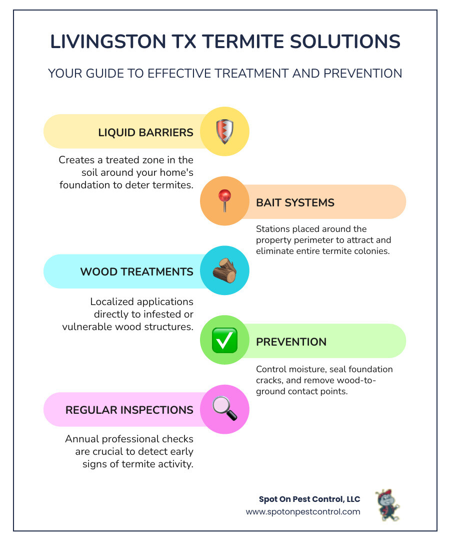 Infographic showing termite treatment options in Livingston TX including liquid soil treatments creating barriers around foundations, bait station systems placed around property perimeter, direct wood treatments for localized infestations, preventative measures like moisture control and sealing cracks, and inspection timeline recommendations for annual professional checks - termite treatment in livingston tx infographic infographic-line-5-steps-colors Infographic showing termite treatment options in Livingston TX including liquid soil treatments creating barriers around foundations, bait station systems placed around property perimeter, direct wood treatments for localized infestations, preventative measures like moisture control and sealing cracks, and inspection timeline recommendations for annual professional checks - termite treatment in livingston tx infographic infographic-line-5-steps-colors