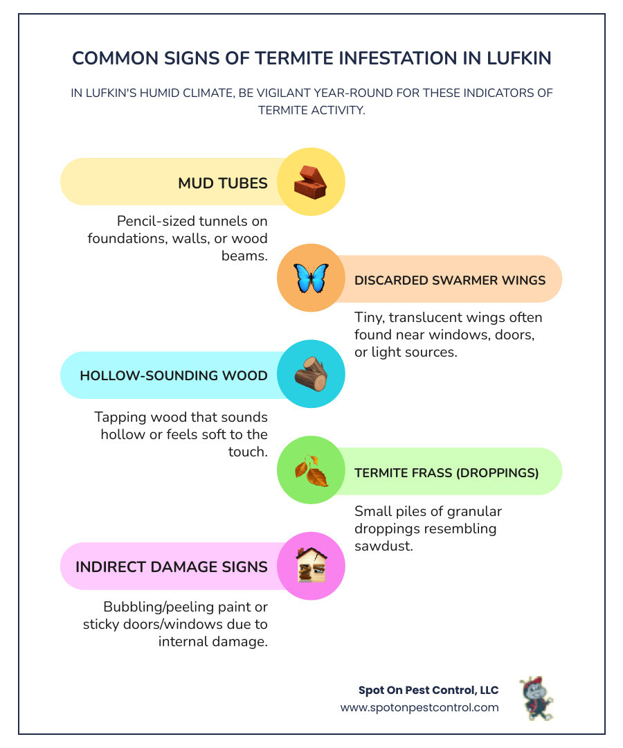 Infographic showing common signs of termite infestation in Lufkin homes: mud tubes on foundations, discarded swarmer wings near windows, hollow-sounding wood, small piles of frass or droppings, bubbling or peeling paint, and doors or windows that stick. Includes regional notes about peak swarming season March-August and year-round activity due to humid subtropical climate. - termite treatment in lufkin tx infographic infographic-line-5-steps-colors