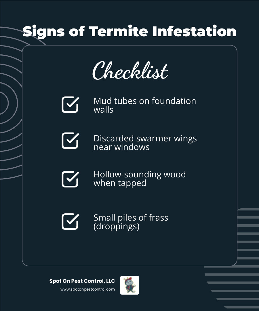 infographic showing warning signs of termite infestation including mud tubes on foundation walls, discarded swarmer wings near windows, hollow-sounding wood when tapped, bubbling paint on walls, small piles of frass or droppings, and doors or windows that stick unexpectedly - best termite treatment in nacogdoches, tx infographic checklist-dark-blue infographic showing warning signs of termite infestation including mud tubes on foundation walls, discarded swarmer wings near windows, hollow-sounding wood when tapped, bubbling paint on walls, small piles of frass or droppings, and doors or windows that stick unexpectedly - best termite treatment in nacogdoches, tx infographic checklist-dark-blue