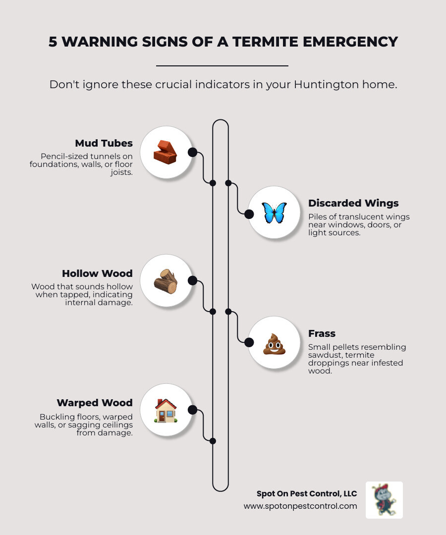 Infographic showing 5 warning signs of termite emergency: mud tubes on foundation walls, piles of discarded wings near doors and windows, hollow-sounding wood when tapped, visible frass or termite droppings, and warped or buckling wooden floors or walls - emergency termite treatment in huntington, tx infographic infographic-line-5-steps-elegant_beige