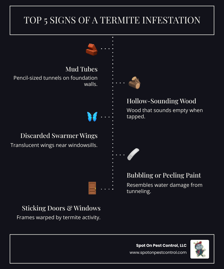 Infographic showing the top 5 signs of termite infestation: mud tubes on foundation walls, hollow-sounding wood when tapped, discarded swarmer wings near windowsills, bubbling or peeling paint resembling water damage, and doors or windows that suddenly stick or become difficult to open - best termite treatment in diboll, tx infographic infographic-line-5-steps-dark Infographic showing the top 5 signs of termite infestation: mud tubes on foundation walls, hollow-sounding wood when tapped, discarded swarmer wings near windowsills, bubbling or peeling paint resembling water damage, and doors or windows that suddenly stick or become difficult to open - best termite treatment in diboll, tx infographic infographic-line-5-steps-dark