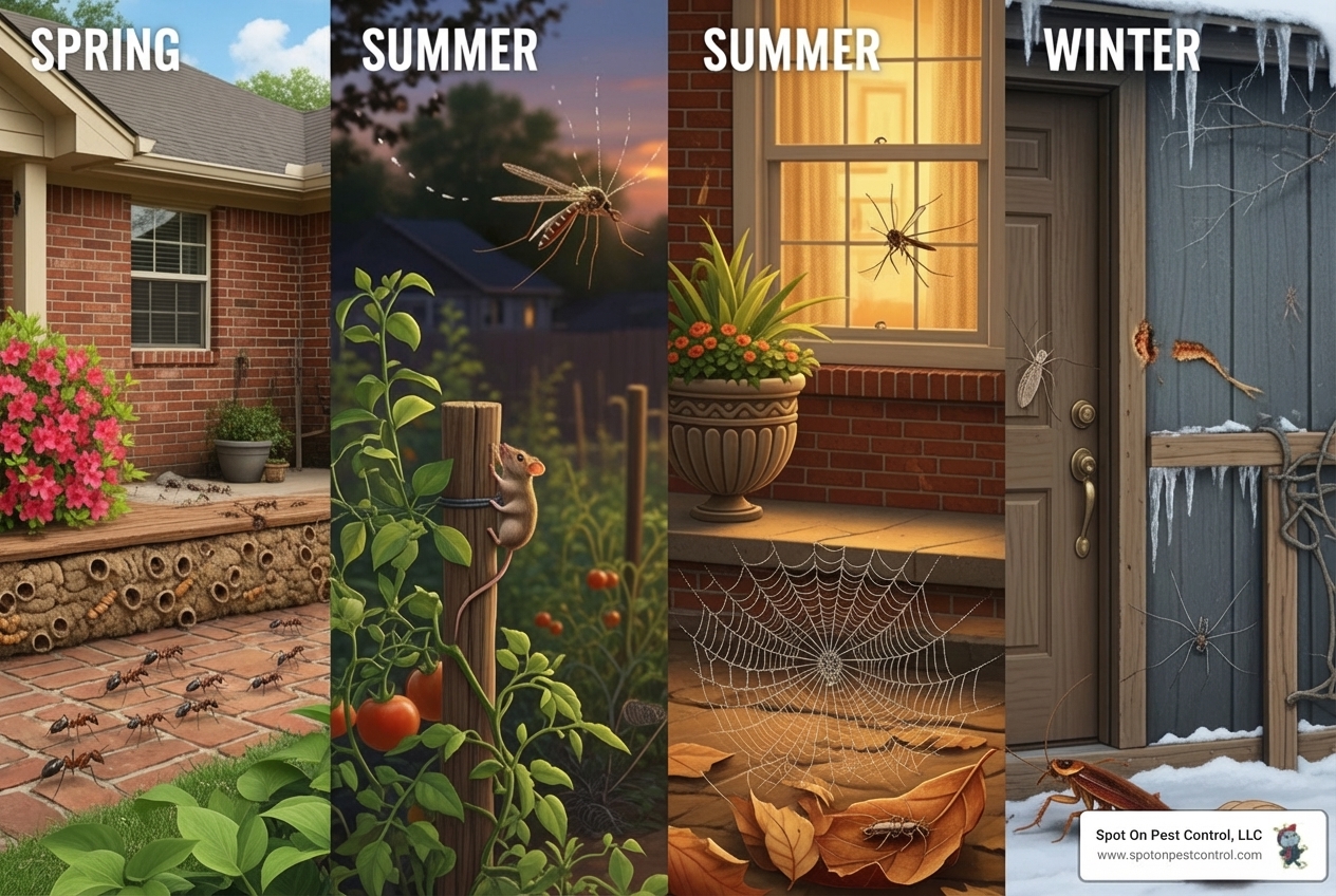 Infographic showing the six pest seasons in East Texas: Swarm Season (Jan-Feb) with termites active, Breeding Season (Mar-Apr) with ants and mosquitoes multiplying, High Season (May-Jun) with peak pest activity, Prep Season (Jul-Aug) with pests seeking shelter, Invader Season (Sep-Oct) with rodents entering homes, and Shelter Season (Nov-Dec) with spiders and roaches moving indoors - pest control company in lufkin tx
